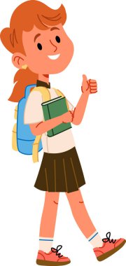 Sırt çantası ve kitabı olan neşeli bir liseli kız çizgi film tarzında onay veriyor. Üniformalı gülümseyen bir öğrenci elinde bir kitapla pozitiflik ve hazırlık gösteriyor. Çizgi film vektör illüstrasyonu.