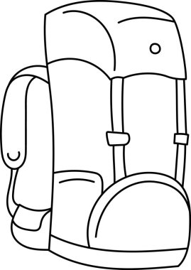 Çizgi film tarzında birden fazla kompartmanı ve kayışları olan bir turist sırt çantası çizimi. Resim, tokalı ve cepleri oyuncu bir şekilde çizilmiş bir seyahat çantasını tasvir ediyor. Çizgi film vektör illüstrasyonu.