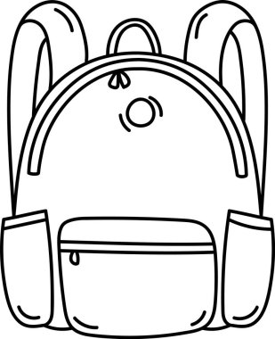 Sırt çantası, birden fazla cebi olan, temiz bir sanat tarzı. Resimde kayışları ve ön cebi olan basit bir çanta tasarımı vurgulanıyor. Çizgi film vektör illüstrasyonu.