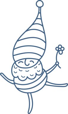 Bir cüce, elinde küçük bir çiçekle neşeyle dans eder. Oyuncak bir karalama tarzıyla tasvir edilir. Neşeli karakter enerjik bir şekilde dönüyor, elinde narin bir çiçek tutuyor. Çizgi film vektör illüstrasyonu.