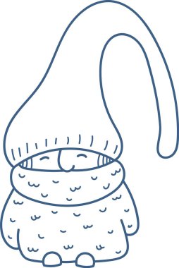 Uzun şapkalı ve kabarık elbiseli bir cüce basit bir çizgi şeklinde çizilmiş. Karakterler büyük boy şapka ve desenli giysiler neşeli bir görünüm yaratıyor. Çizgi film vektör illüstrasyonu.