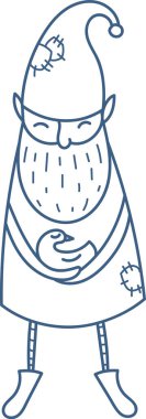 Uzun sakallı ve basit bir çizgi şeklinde çizilmiş yamalı şapkalı tuhaf bir cüce. Cüce neşeli bir ifadeyle ayakta duruyor ve kollarını kavuşturuyor. Çizgi film vektör illüstrasyonu.