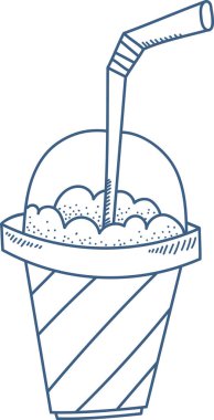 Pipetle soda bardağı ve baloncuklar sanat tarzında. İçecek kabında çizgili bir desen ve köpüklü bir üst var. Çizgi film vektör illüstrasyonu.