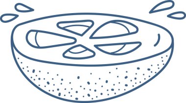 Bir limon dilimi, tohumlar ve meyve suyu damlacıklarıyla temiz bir çizgi şeklinde çizilir. Turunçgiller benekli kabuklu ve su sıçratan sıvılarla betimlenir. Çizgi film vektör illüstrasyonu.