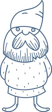 Uzun şapkalı ve çalı gibi sakallı basit bir çizim stili olan bir cüce. Karakter tuhaf bir ifadeyle ve büyük ayaklarla ayakta duruyor. Çizgi film vektör illüstrasyonu.