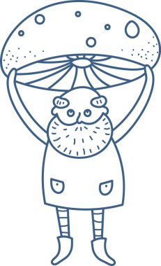 Sakallı bir cüce oyuncu bir çizgi film tarzında büyük bir mantar tutar. Çalı sakallı küçük bir karakter dev bir mantarı kaldırıyor. Çizgi film vektör illüstrasyonu.