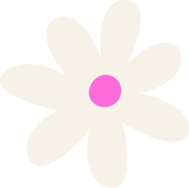 Kalın pembe merkezli ve düz yapraklı bir papatya çiçeği. Çiçeklerin basit şekli, canlı çekirdeği ve pürüzsüz kenarlarıyla vurgulanır. Çizgi film vektör illüstrasyonu.