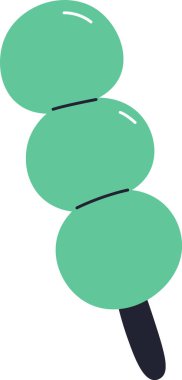 Üç dondurma kepçesi karikatür tarzında bir çubuğa istiflenmiş. Bir şiş üzerinde dikey olarak dizilmiş yuvarlak donmuş ikramlar üçlüsü. Çizgi film vektör illüstrasyonu.