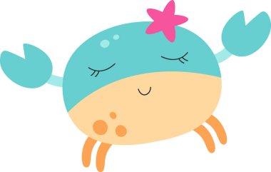 Gözleri kapalı gülümseyen bir yengeç ve kafasında neşeli bir çizgi film stili olan bir denizyıldızı. Yengecin yuvarlak bir vücudu ve anlamlı pençeleri vardır. Çizgi film vektör illüstrasyonu.