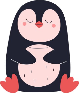 Gözleri kapalı bir penguen çizgi film tarzında huzur içinde oturur. Kuş, yuvarlak bir vücut ve basit çizgilerle sakin ve sakin görünür. Çizgi film vektör illüstrasyonu.