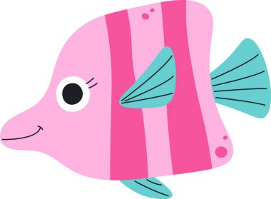 Çizgili çizgili neşeli bir balık ve neşeli bir çizgi film tarzında gülümseyen bir yüz. Balık yuvarlak bir göze ve yüzgeçlere sahip, dostane bir görünüm sergiliyor. Çizgi film vektör illüstrasyonu.