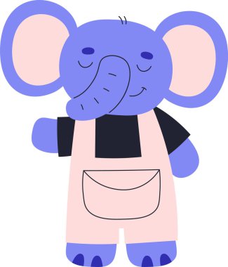 Büyük kulaklı, nazik bir gülüşü olan, eğlenceli bir tulum giyen çizgi film fili. Fil gözleri kapalı duruyor, cazibesi ve masumiyeti yayıyor. Çizgi film vektör illüstrasyonu.