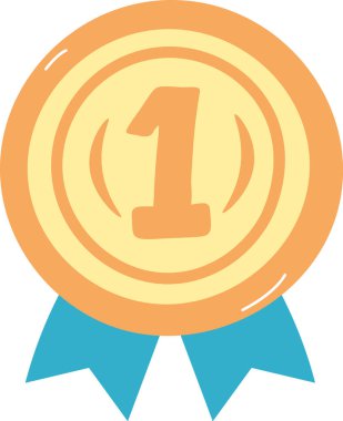 Büyük bir 1 numara ve düz bir kurdelesi olan bir madalya. Ödül sembolü kalın çizgiler ve basit şekillerle tasvir edilir. Çizgi film vektör illüstrasyonu.