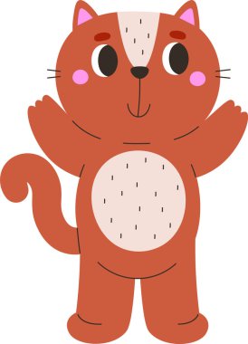 Kocaman gülümseyen ve komik bir çizgi film tarzında pençelerini kaldıran mutlu bir kedi. Kedi karakteri gür kuyruğu ve anlamlı gözleriyle dimdik ayakta duruyor. Çizgi film vektör illüstrasyonu.