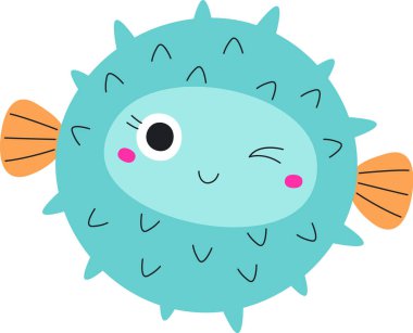 Göz kırpan ve çizgi film tarzında dikenli vücudu olan neşeli bir kirpi balığı. Balığın yuvarlak bir şekli ve kenarlarında yüzgeçleri olan anlamlı bir yüzü vardır. Çizgi film vektör illüstrasyonu.