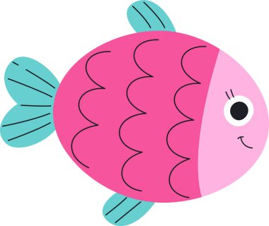 Dalgalı desenli ve gülen yüzlü bir çizgi film balığı. Balık cesur hatlara ve neşeli bir ifadeyle basit şekillere sahiptir. Çizgi film vektör illüstrasyonu.