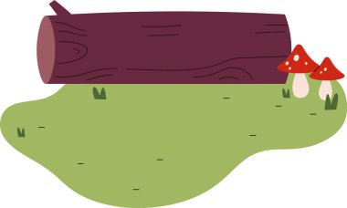 Bir kütük düz çizgi film tarzında iki mantarlı çimenlerin üzerinde yatar. Mantarlar ve ahşap bir kütük basit şekilli çimenli bir arazide dinleniyor. Çizgi film vektör illüstrasyonu.