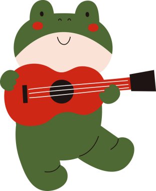 Neşeli bir kurbağa neşeli bir çizgi film tarzında gitar çalar. Amfibi, enstrümanı neşeli bir ifadeyle zevkle tutar. Çizgi film vektör illüstrasyonu.