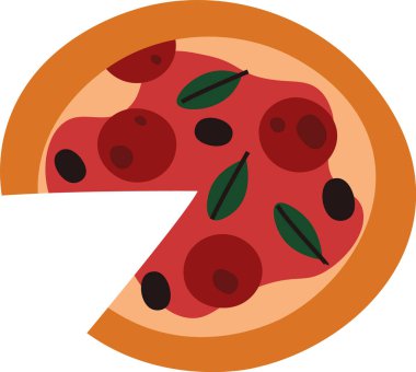 Zeytinli, biberli ve fesleğenli bir pizza. Turtanın bir dilimi eksik, malzemelerini gösteriyor. Çizgi film vektör illüstrasyonu.