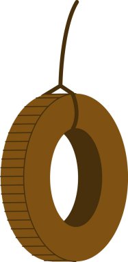 Bir lastik salıncağı düz bir vektör tarzında ipten sarkıtılır. Resimde asılı bir kabloya dokulu bir yüzeye sahip yuvarlak bir lastik tasvir ediliyor. Çizgi film vektör illüstrasyonu.