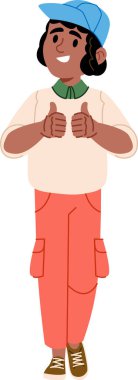Şapkalı gülümseyen öğrenci, neşeli bir çizgi film tarzında başparmak kaldırıyor. Günlük kıyafetler giyen neşeli karakter iki eliyle de onaylıyor. Çizgi film vektör illüstrasyonu.