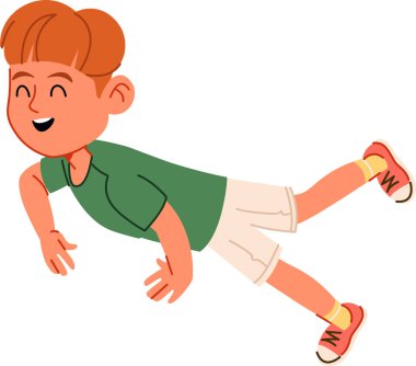 Kırmızı saçlı, gülümseyen bir çocuk yeşil gömlek ve şort giyerek havada süzülüyor. Çocuk neşeli ve tasasız görünüyor, kolları ve bacakları açık bir şekilde asılmış. Çizgi film vektör illüstrasyonu.