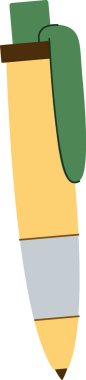 Yeşil ataçlı ve düz çizgi film tarzında sarı gövdeli stilize tükenmez kalem. Kalem, kalın hatları ve en küçük ayrıntıları olan basit bir tasarıma sahiptir. Çizgi film vektör illüstrasyonu.