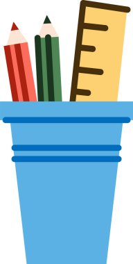 Mavi bir kupa iki kalem ve düz bir cetvel taşır. Sabit eşyalar basit bir şekilde düzenlenmiştir. Çizgi film vektör illüstrasyonu.