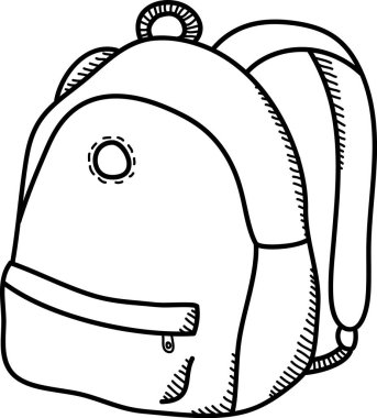 Ön cebi ve sapı olan bir sırt çantasının ayrıntılı çizimi. Resimde, poşetlerin dikilmesi ve fermuarın temiz bir şekilde kapatılması vurgulanıyor. Çizgi film vektör illüstrasyonu