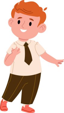 Kırmızı saçlı, gömlek ve kravat takan neşeli bir çocuk, oyuncu bir şekilde çizilmiş. Genç çocuk dostane bir ifade ve sıradan bir pozla tasvir edilir. Çizgi film vektör illüstrasyonu.