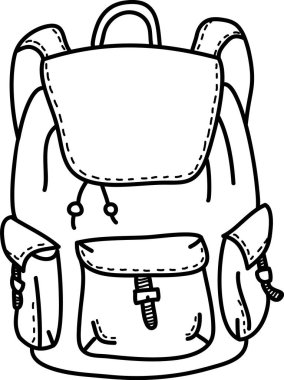 Birden fazla cebi olan ve el çizimi bir kayışla bağlanmış bir sırt çantasının ayrıntılı bir taslağı. Robot resim, kompartımanlarına vurgu yaparak çanta yapısını vurguluyor. Çizgi film vektör illüstrasyonu.