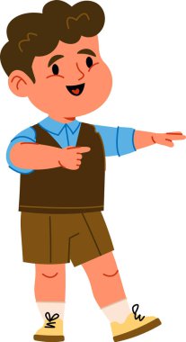 Neşeli bir çizgi film tarzında neşeli, günlük giysiler içinde gülümseyen bir çocuk. Çocuk enerjik bir şekilde jest yapar, yelek ve şort giyer. Çizgi film vektör illüstrasyonu.