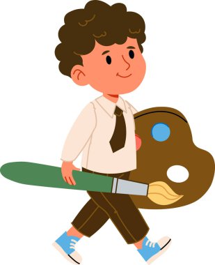 Bir çizgi film çocuğu elinde büyük bir boya fırçası ve palet tutarak oyuncu bir tarzda yürür. Çocuk bir kravat ve spor ayakkabısı giyer, sanat aletlerini neşeyle taşır. Çizgi film vektör illüstrasyonu.