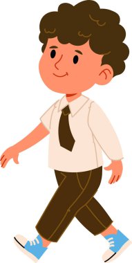 Kıvırcık saçlı genç, düz çizgi film tarzında çizilmiş resmi kıyafetler ve spor ayakkabılarla güvenle yürüyor. Çocuk gömlek, kravat ve sıradan ayakkabılar giyerek öne doğru adımlar atar. Çizgi film vektör illüstrasyonu.