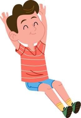 Çizgili tişörtlü mutlu bir çocuk heyecan içinde kollarını kaldırıyor, neşeli bir çizgi film stili çiziyor. Neşeli bir suratı olan çocuk bacaklarını açmış oturuyor. Çizgi film vektör illüstrasyonu.