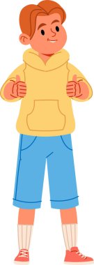 Kapüşonlu ve şortlu genç bir çocuk çizgi film tarzında onay veriyor. Çocuk neşeli bir ifade ve günlük kıyafetlerle kendinden emin bir şekilde ayakta duruyor. Çizgi film vektör illüstrasyonu.
