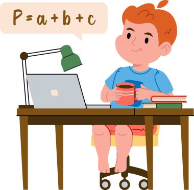 Bir öğrenci elinde dizüstü bilgisayarla masada oturuyor, elinde bir kupa, çizgi film tarzında. Öğrenci, kitaplar ve bir lambayla çevrili çevrimiçi bir çalışmayla meşgul. Çizgi film vektör illüstrasyonu.