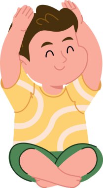 Elleri havada yoga pozunda gülümseyen çocuk, çizgi film tarzında tasvir edilmiş. Neşeli bir çocuk neşeli bir ifade ve rahat bir duruşla meditasyon yapıyor. Çizgi film vektör illüstrasyonu.