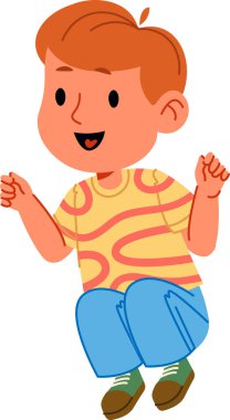 Kahverengi saçlı bir çocuk, neşeli bir pozla, çizgili gömlek ve kot pantolon giyerek zıplıyor. Çocuk keyifli ve hareketli görünüyor, neşe ve enerjiyi ifade ediyor. Çizgi film vektör illüstrasyonu.