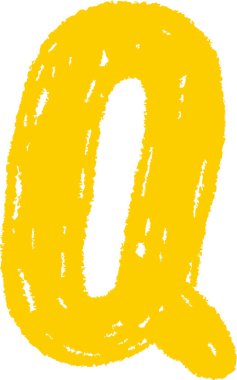 Tebeşirle çizilmiş Q harfi dokulu bir arkaplanda oyuncu bir şekilde. Alfabe karakteri kaba kenarları ve elle çizilmiş hissi ile cesur görünüyor. Çizgi film vektör illüstrasyonu.