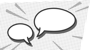 Çizgi roman tarzında noktalı arkaplanı ve dinamik çizgileri olan iki konuşma balonu. İllüstrasyonda cesur ana hatlar ve retro pop sanatı hissi yer alıyor. Çizgi film vektör illüstrasyonu.