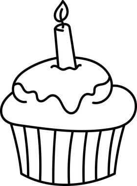 Cesur bir taslak şeklinde çizilmiş mum kaplı bir kek. Görüntü, üzerinde krema ve yanan bir mum olan tek bir kek tasvir ediyor. Çizgi film vektör illüstrasyonu.