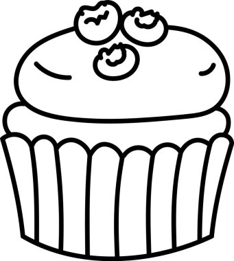 A cupcake topped with berries in a bold outline drawing style. The dessert is depicted with smooth lines and minimal details. Cartoon vector illustration.