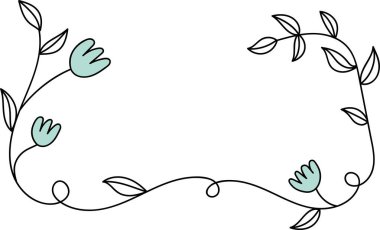 Curved lines form a floral border with stylized leaves and flowers in a clean style. Elegant vines intertwine with blossoms, creating a graceful frame. Cartoon vector illustration.