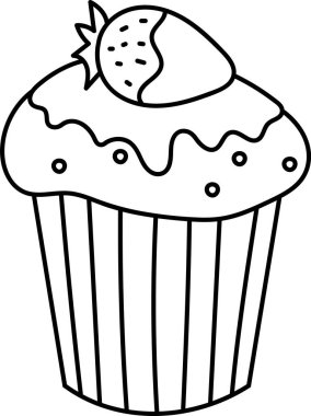 Üstünde çilek olan, kalın çizgili bir kek. Tatlı, çizgili kenarlar ve dalgalı bir krema deseni içeriyor. Çizgi film vektör illüstrasyonu.