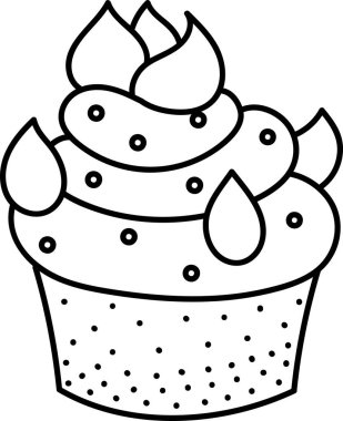 Girdap şeklinde bir kek ve kalın bir sanat tarzında benekli şekerlemeler. Tatlının üzerinde gözyaşı damlası şekilleri ve dairesel aksanlar var. Çizgi film vektör illüstrasyonu.