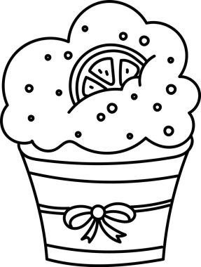 A cupcake with frosting and a citrus slice drawn in a clean line style. The dessert features a bow on the wrapper and dotted sprinkles. Cartoon vector illustration.