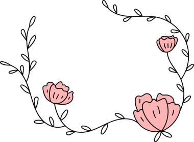 A floral frame with delicate flowers and swirling vines in a clean line art style. Curved branches and blossoms create an elegant border design. Cartoon vector illustration.