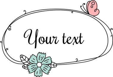 Kelebek ve çiçekli, neşeli bir çerçeve. Çiçekli bir kenar, tuhaf elementlerle yazılmış metinler için uzayı sarar. Çizgi film vektör illüstrasyonu.