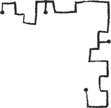 Köşelerinde elle çizilmiş noktalar olan pürüzlü bir çizgi. Düzensiz yol dinamik ve oyuncu bir model yaratır. Çizgi film vektör illüstrasyonu.